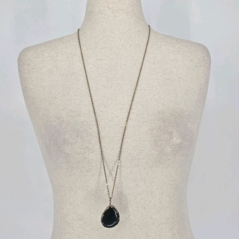 Kendra Scott Black Glass Teardrop Pendant Necklace Gold Tone Long 36" Vintage